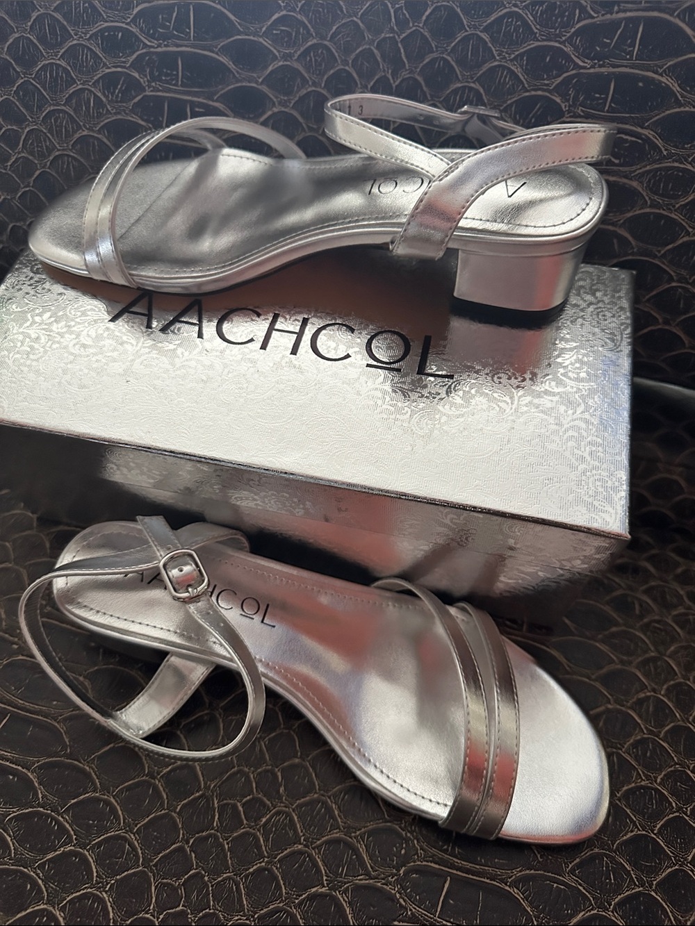 AACHCOL Silver Low Block Heel Slingback 2” heel block strappy